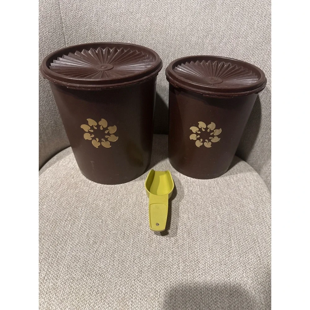 Vintage Tupperware Canister Set Brown Gold Leaf Servalier Lids 5pc Scoop Nesting